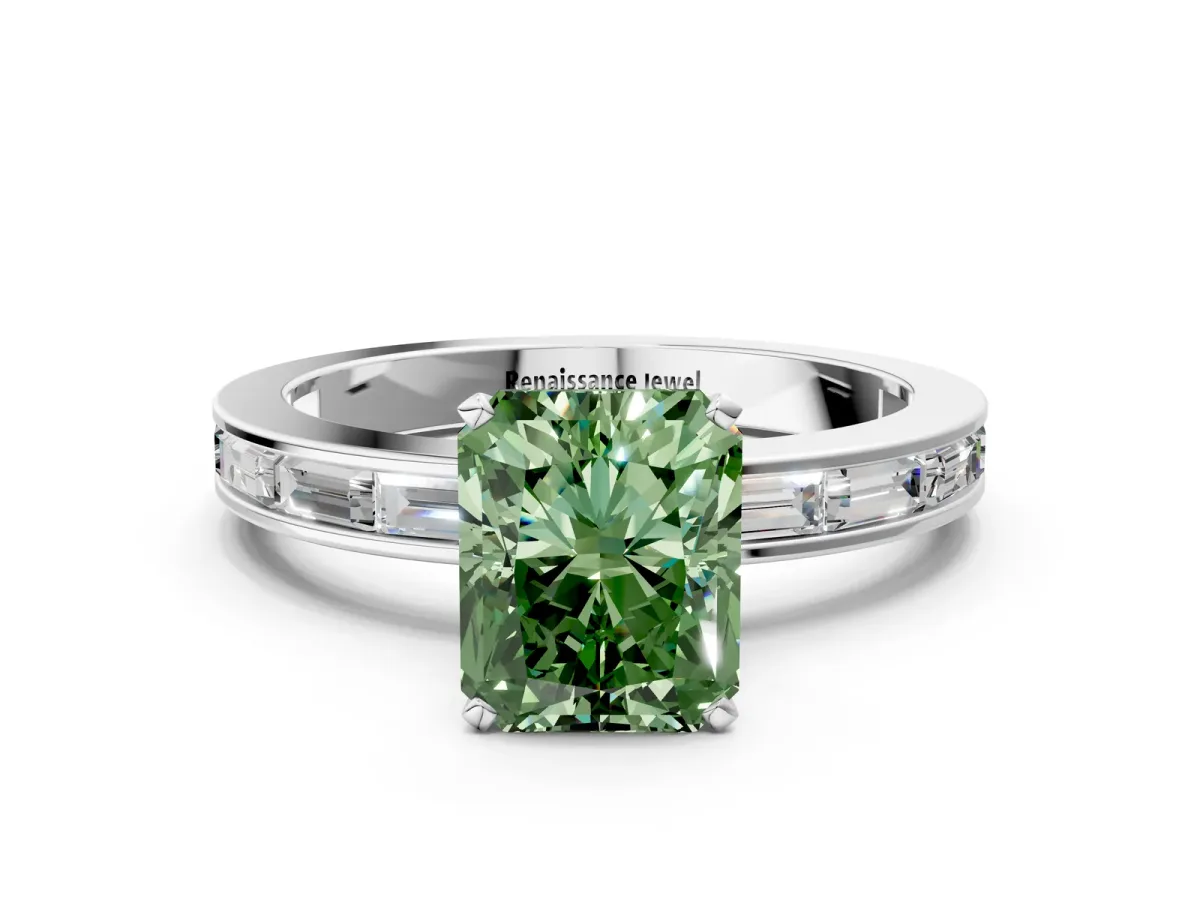 Fancy Green Radiant Cut Solitaire Diamond Ring with Channel-Set Baguette Band and Four-Prong Setting Platinum