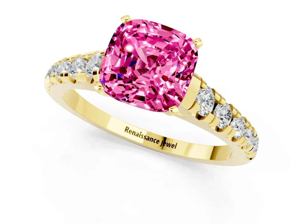 Cushion Cut Pink Sapphire Cathedral Solitaire Ring with Round Pavé Band Yellow gold