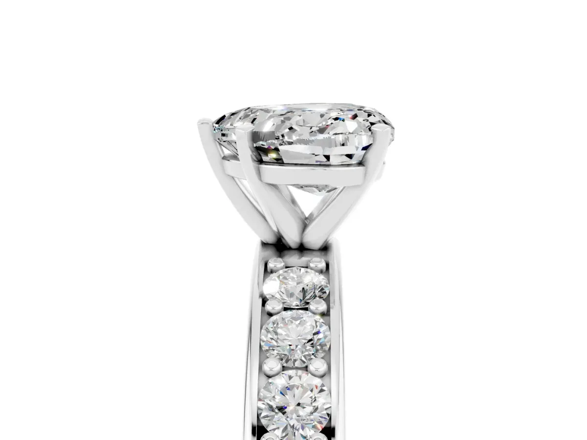 Heart Cut Moissanite Engagement Ring with Channel Set Round Band and Prong Setting White gold