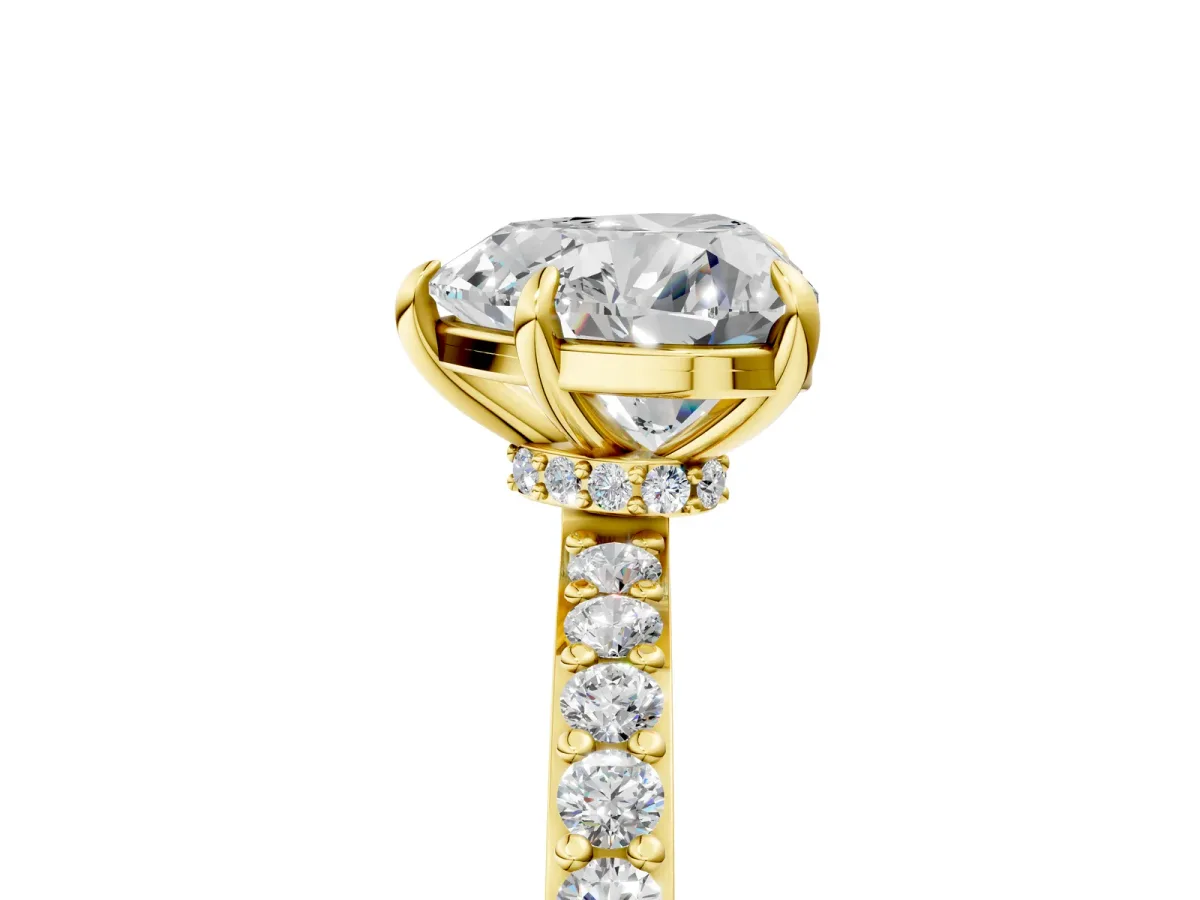 Heart Cut Diamond Solitaire Engagement Ring with Pavé Band and Four-Prong Setting Yellow gold
