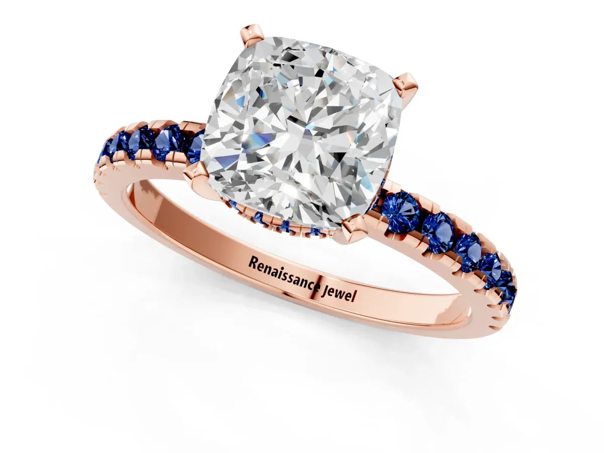 Cushion Cut Diamond Solitaire Ring with Round Blue Sapphire Pavé Band and Four-Prong Setting Rose gold