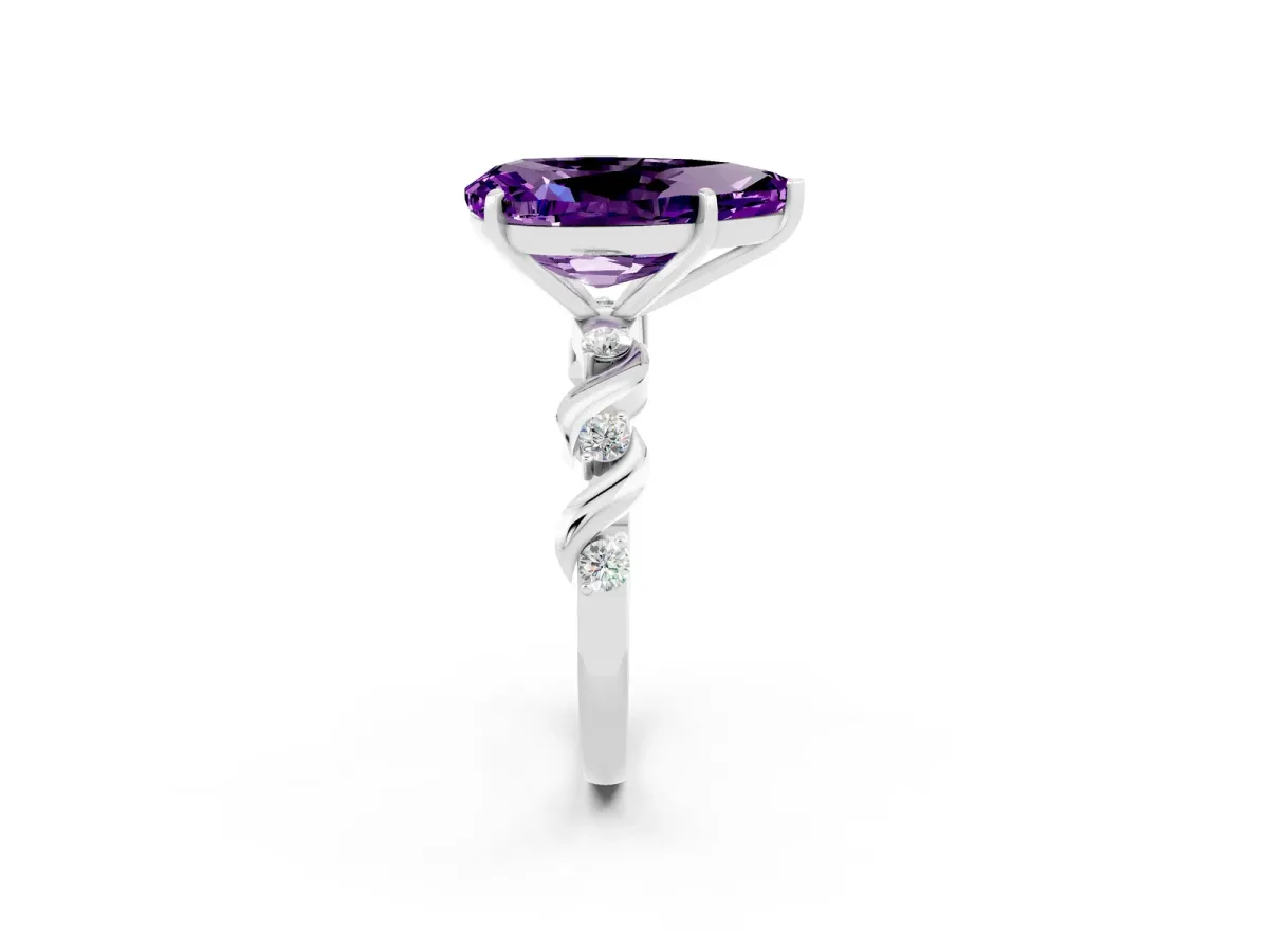 Pear Cut Amethyst Solitaire Twisted Band with Round Accents and Prong Setting Silver