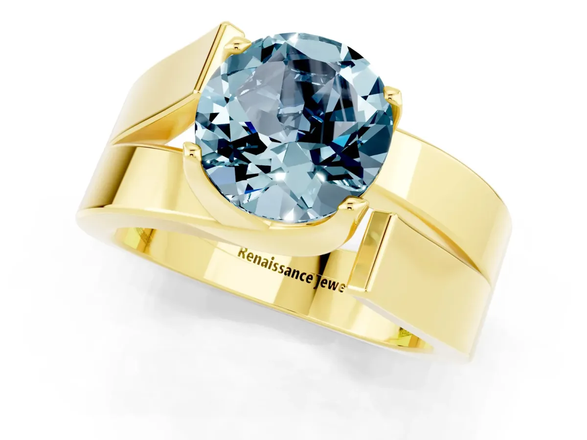 Modern Tension Set Round Cut Aquamarine Solitaire Wide Band Ring Yellow gold