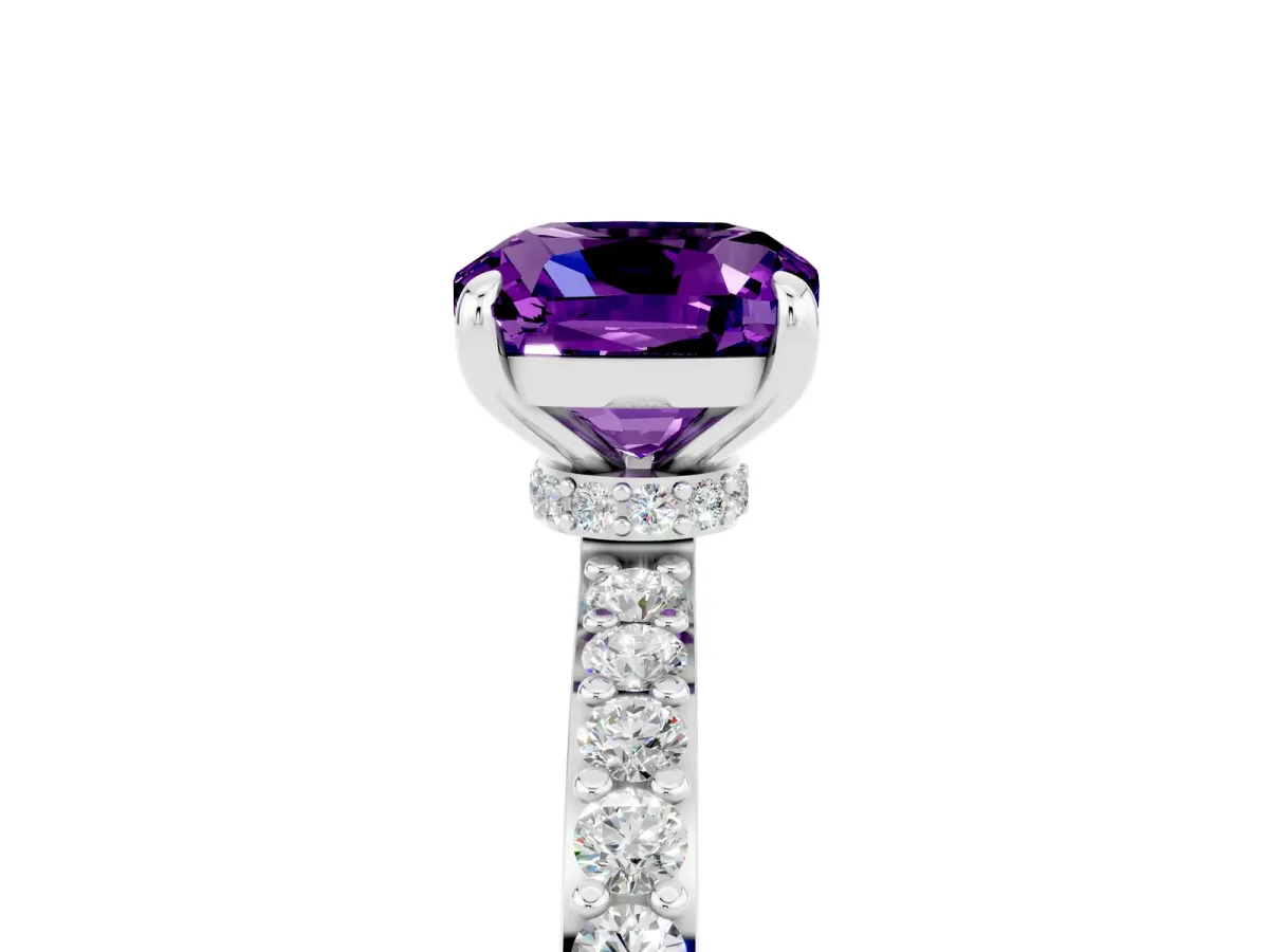 Cushion Cut Amethyst Solitaire Engagement Ring with Pavé Band and Four-Prong Setting Silver