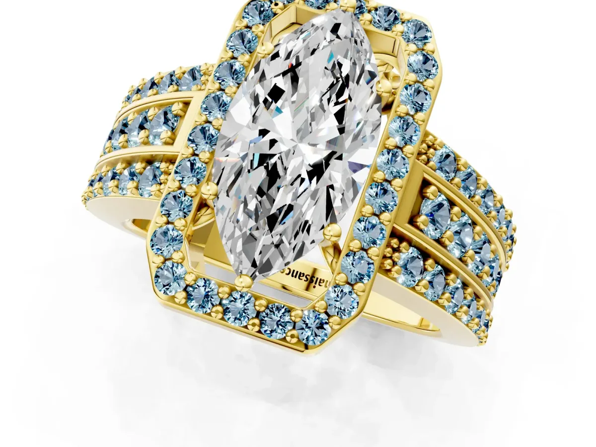 Marquise Cut Halo Diamond Ring with Round Aquamarine Split Shank and Prong Setting Yellow gold