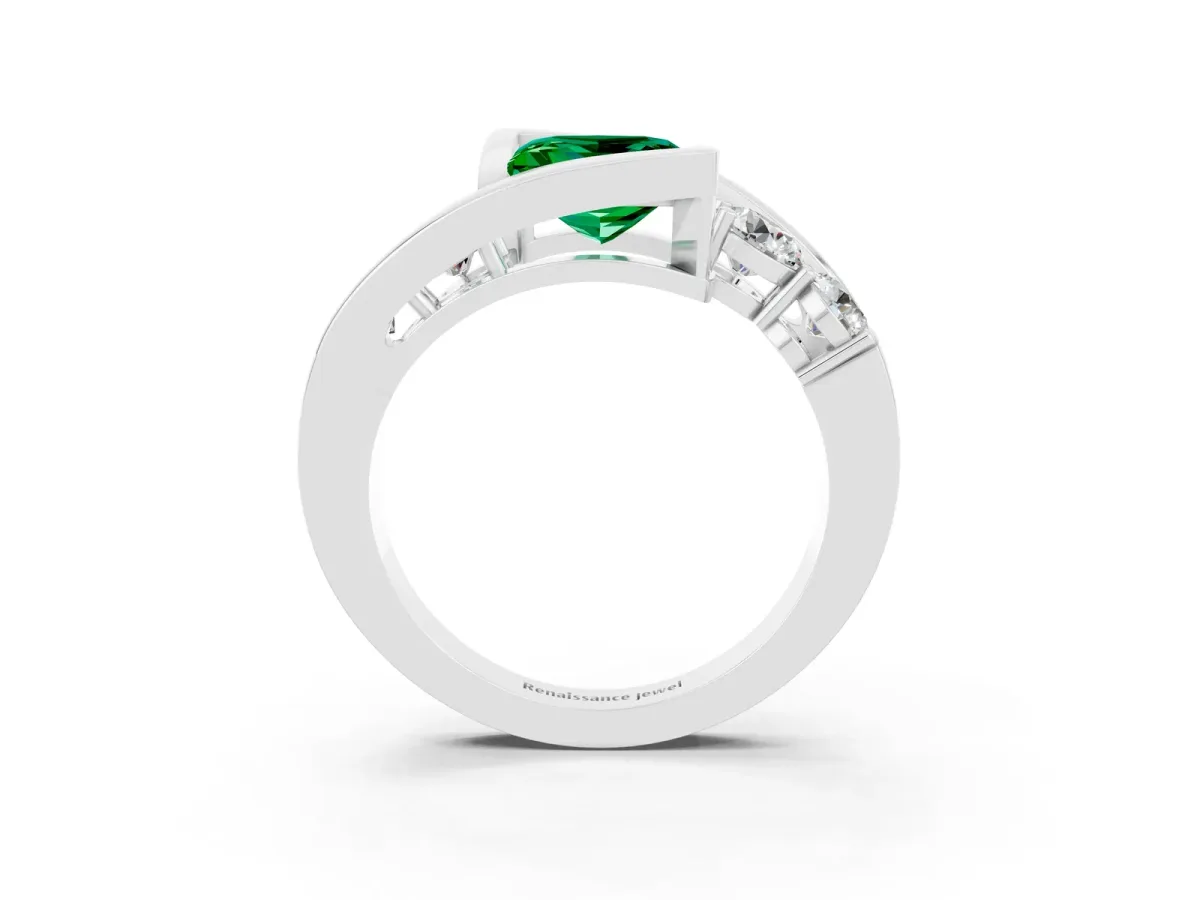 Bezel Set Princess Cut Emerald Bypass Ring with Round Accents Silver