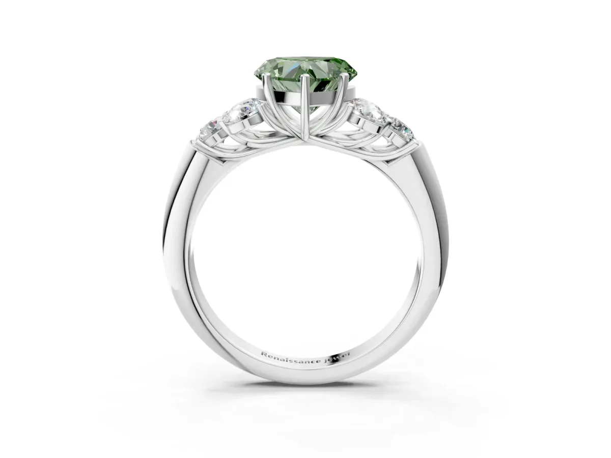 Fancy Green Heart Cut Cut Diamond Cluster Ring with Round Accent Stones and Prong Setting on a Classic Band Platinum