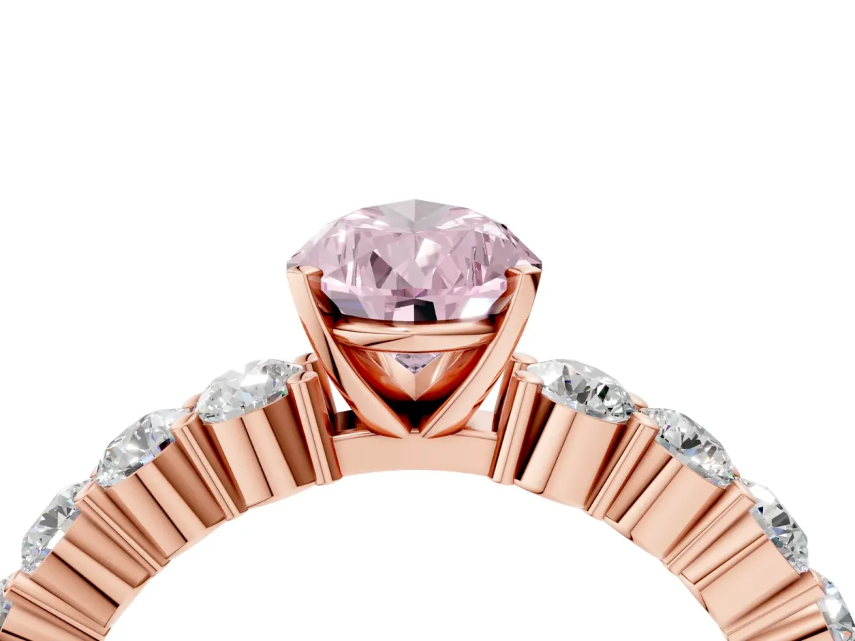 Fancy Pink Pear Cut Diamond Solitaire Ring with Shared Prong Round Side Stones Rose gold