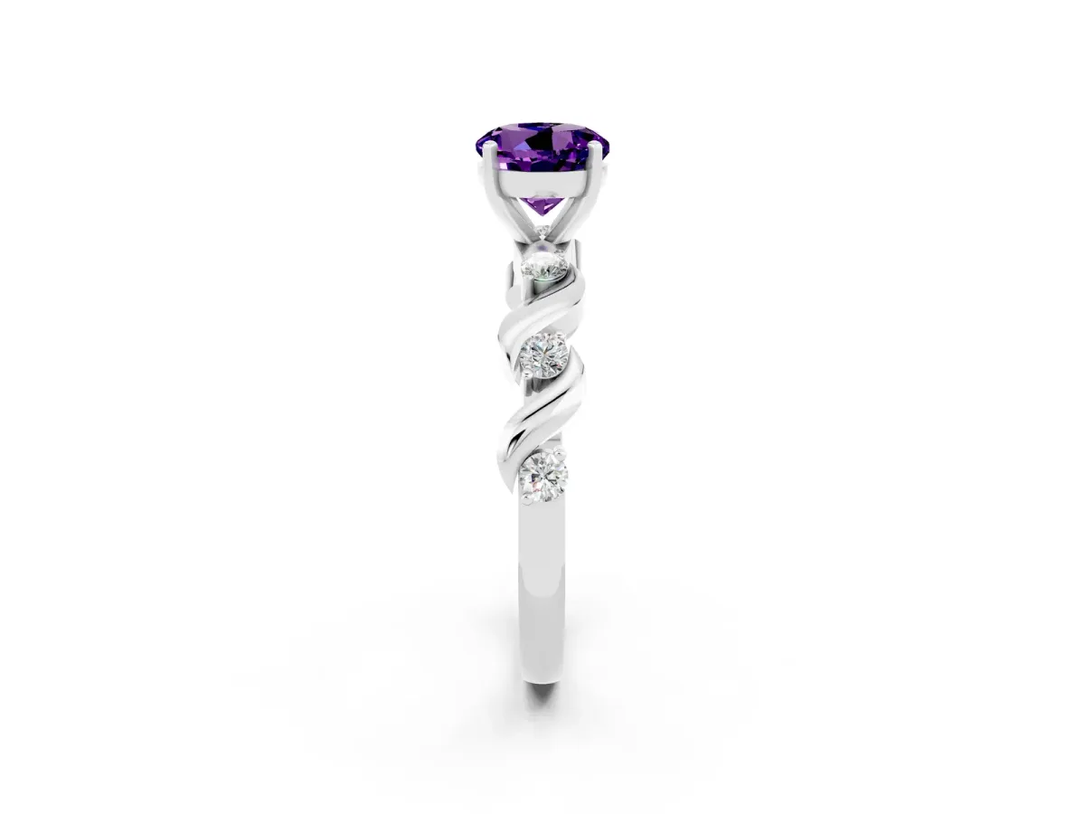 Round Cut Amethyst Solitaire Twisted Band with Round Accents and Prong Setting Silver