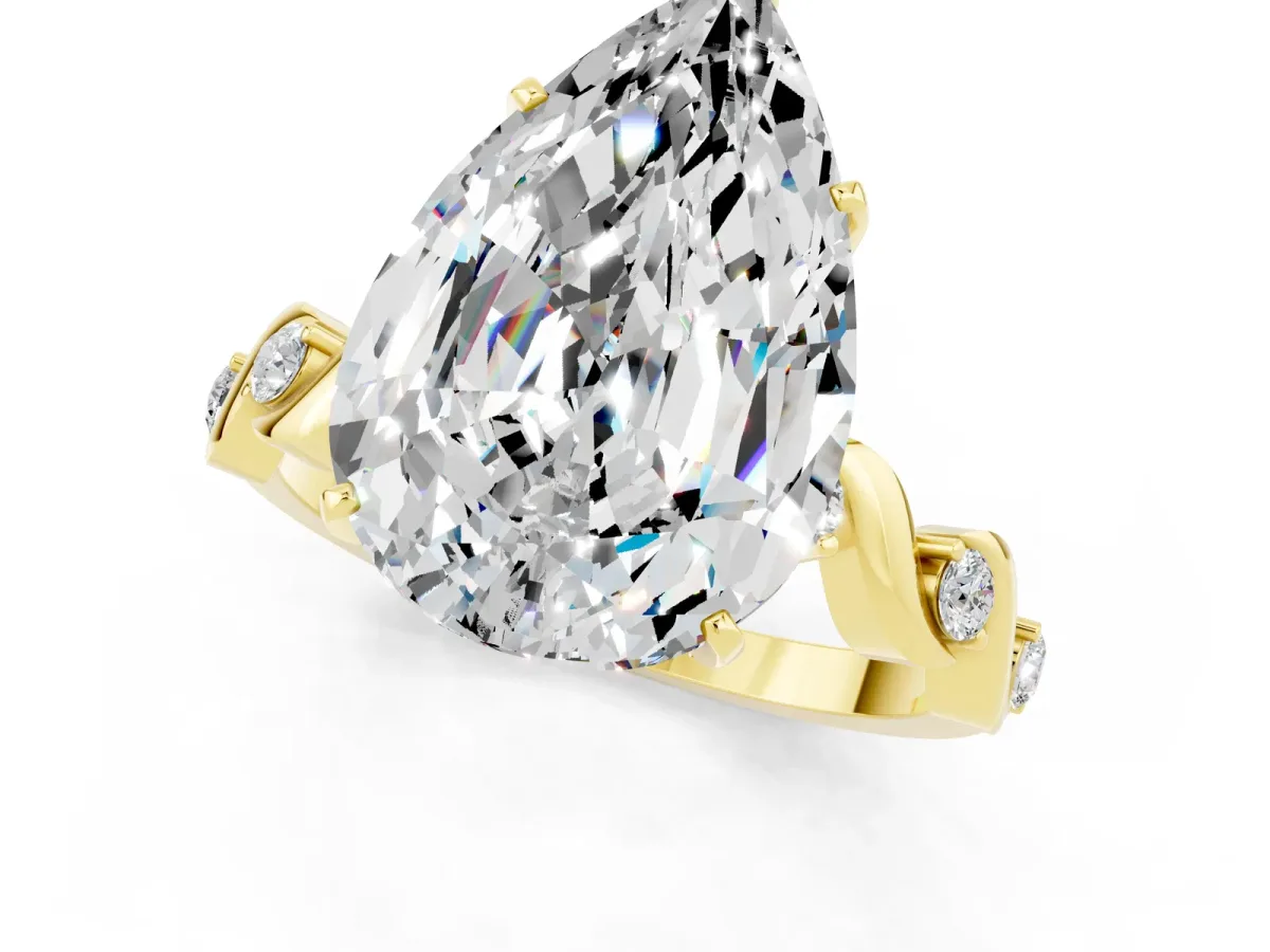 Pear Cut Moissanite Solitaire Twisted Band with Round Accents and Prong Setting Yellow gold