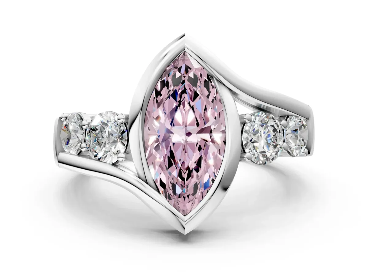 Fancy Pink Bezel Set Marquise Cut Diamond Bypass Ring with Round Accents Platinum