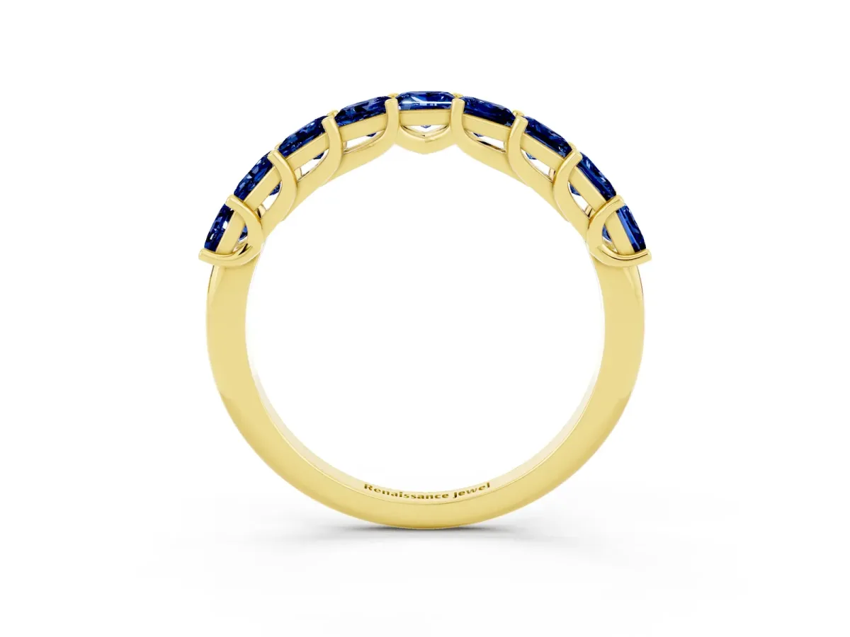 Princess Cut Blue Sapphire Channel-Set Eternity Band with Prong Setting Yellow gold