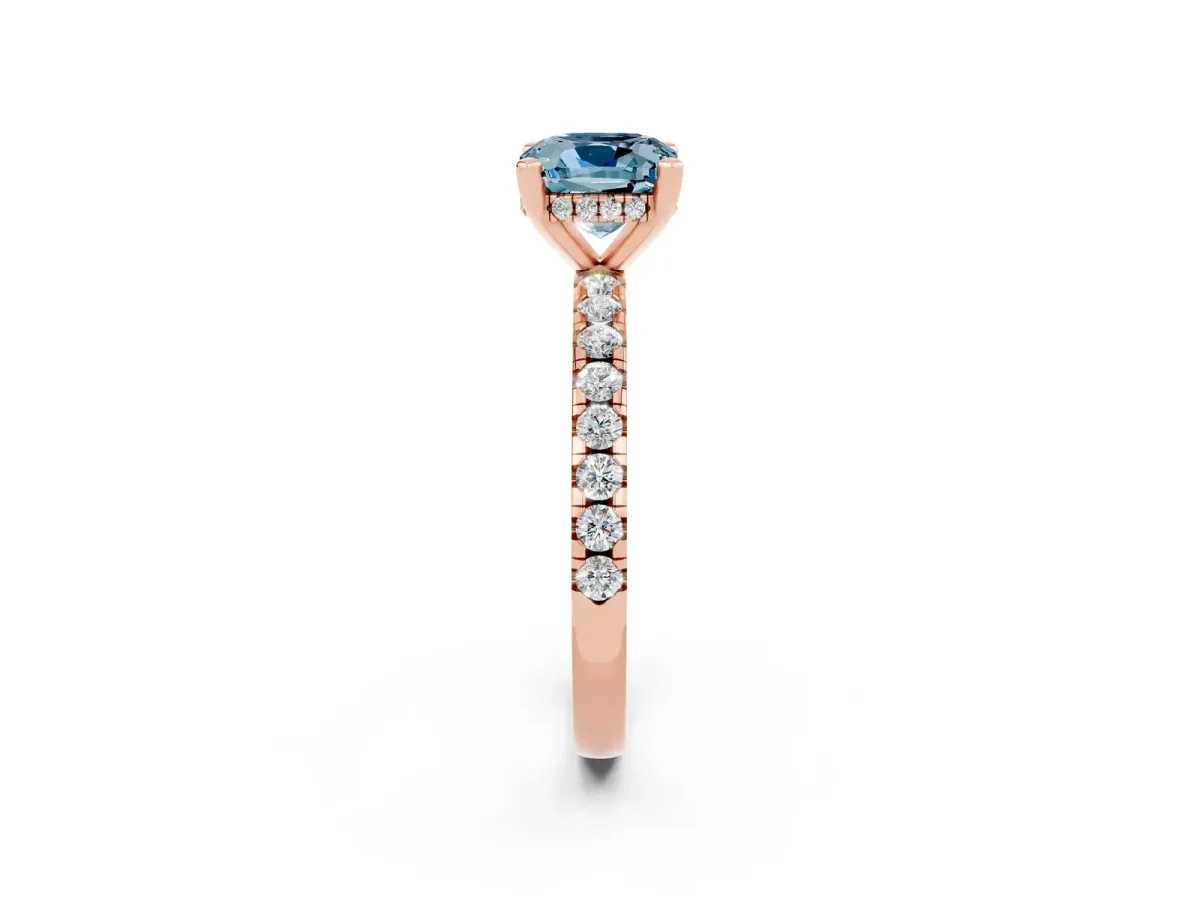 Cushion Cut Aquamarine Solitaire Ring with Round Pavé Band and Four-Prong Setting Rose gold