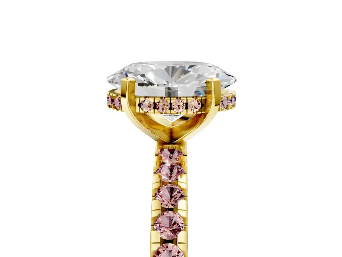 Oval Cut Diamond Solitaire Ring with Round Morganite Pavé Band and Four-Prong Setting Yellow gold