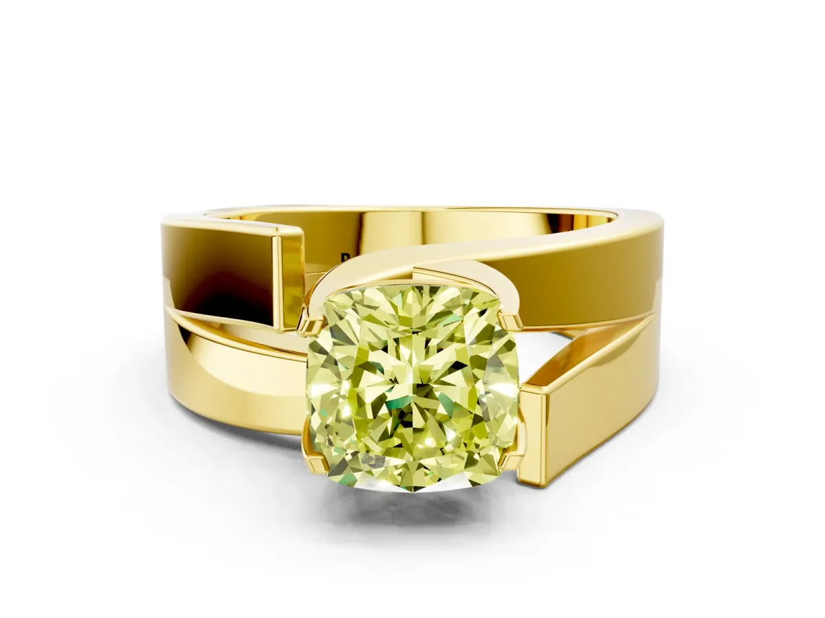 Fancy Yellow Modern Tension Set Cushion Cut Diamond Solitaire Wide Band Ring Yellow gold