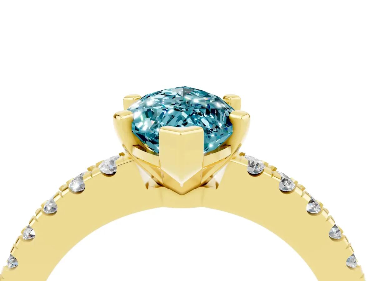 Marquise Cut Solitaire Blue Topaz with Pavé Band and Four-Prong Setting Yellow gold