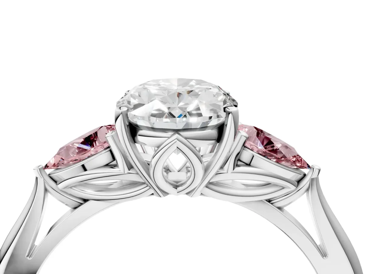 Oval Cut Diamond Three-Stone Ring with Pear Morganite Side Stones and Prong Setting Silver