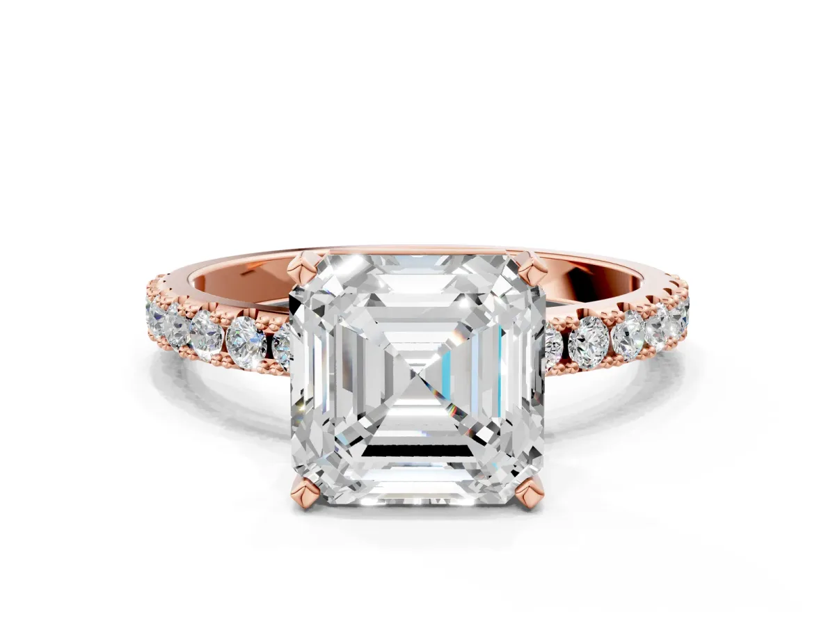 Asscher Cut Diamond Solitaire Pavé Band with Four-Prong Setting Rose gold