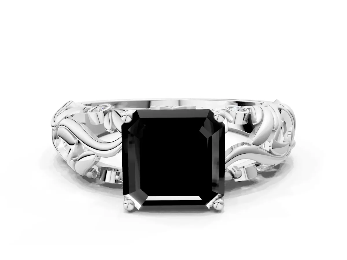 Fancy Black Asscher Cut Solitaire Diamond Leaf-Inspired Vine Band Ring with Prong Setting Platinum