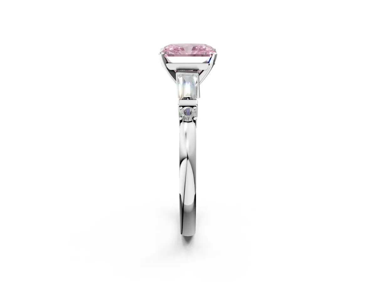 Fancy Pink Radiant Cut Cut Diamond Ring with Baguette Side Stones, Channel Set Band, and Four-Prong Setting Platinum