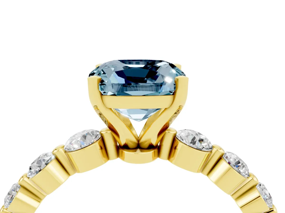 Cushion Cut Solitaire Aquamarine Ring with Pave Band and Four-Prong Setting Yellow gold