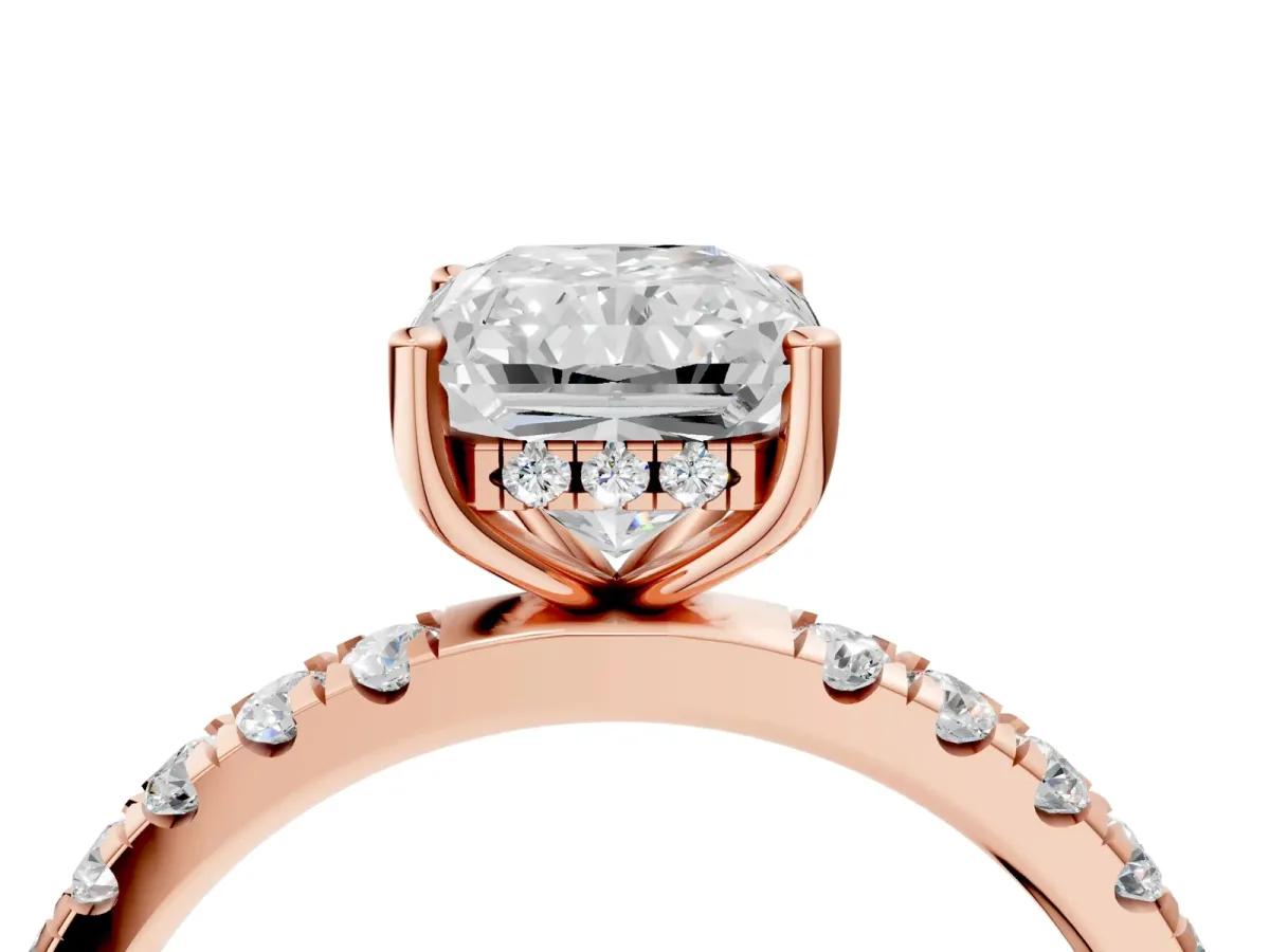 Radiant Cut Diamond Pave Band Solitaire Ring with Round Moissanite and Prong Setting Rose gold