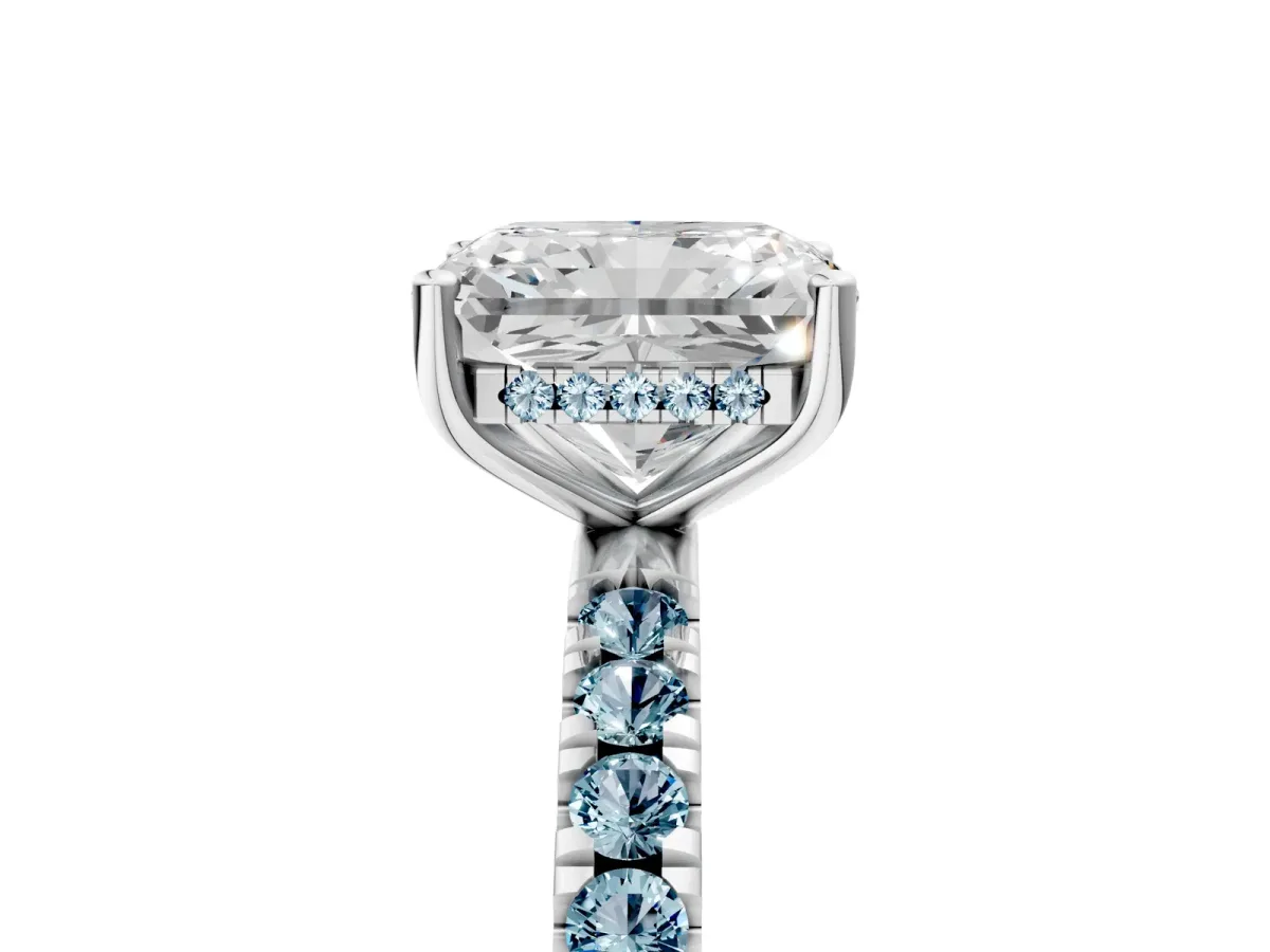 Radiant Cut Diamond Pave Band Solitaire Ring with Round Aquamarine and Prong Setting White gold