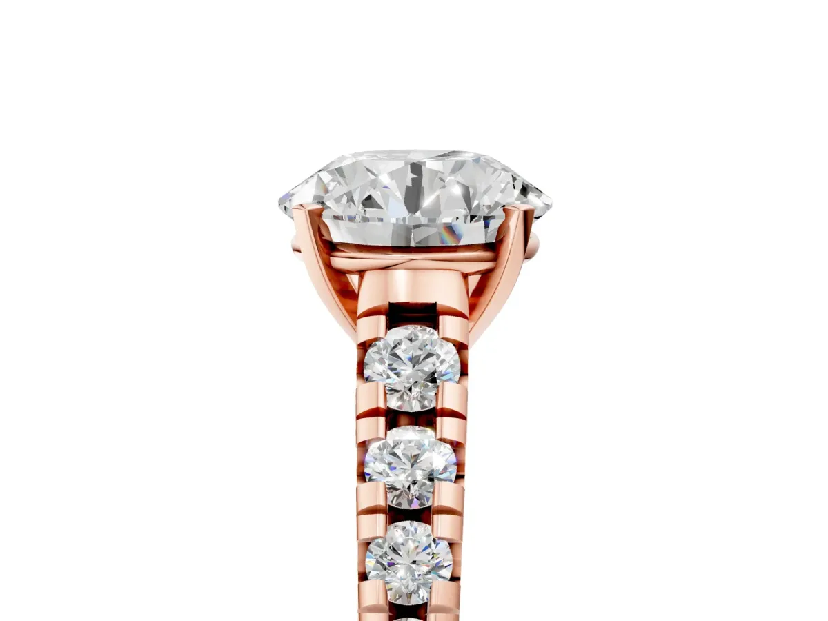 Round Cut Diamond Cathedral Solitaire Ring with Round Pavé Band Rose gold