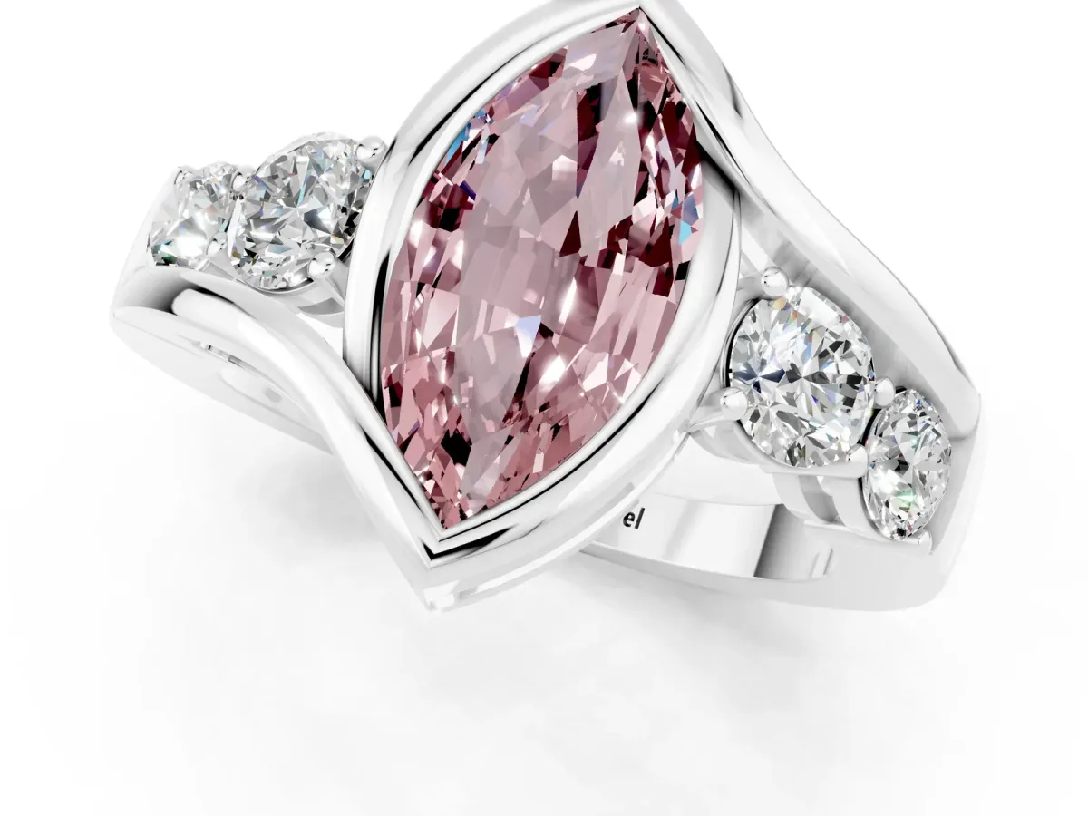 Bezel Set Marquise Cut Morganite Bypass Ring with Round Accents Silver