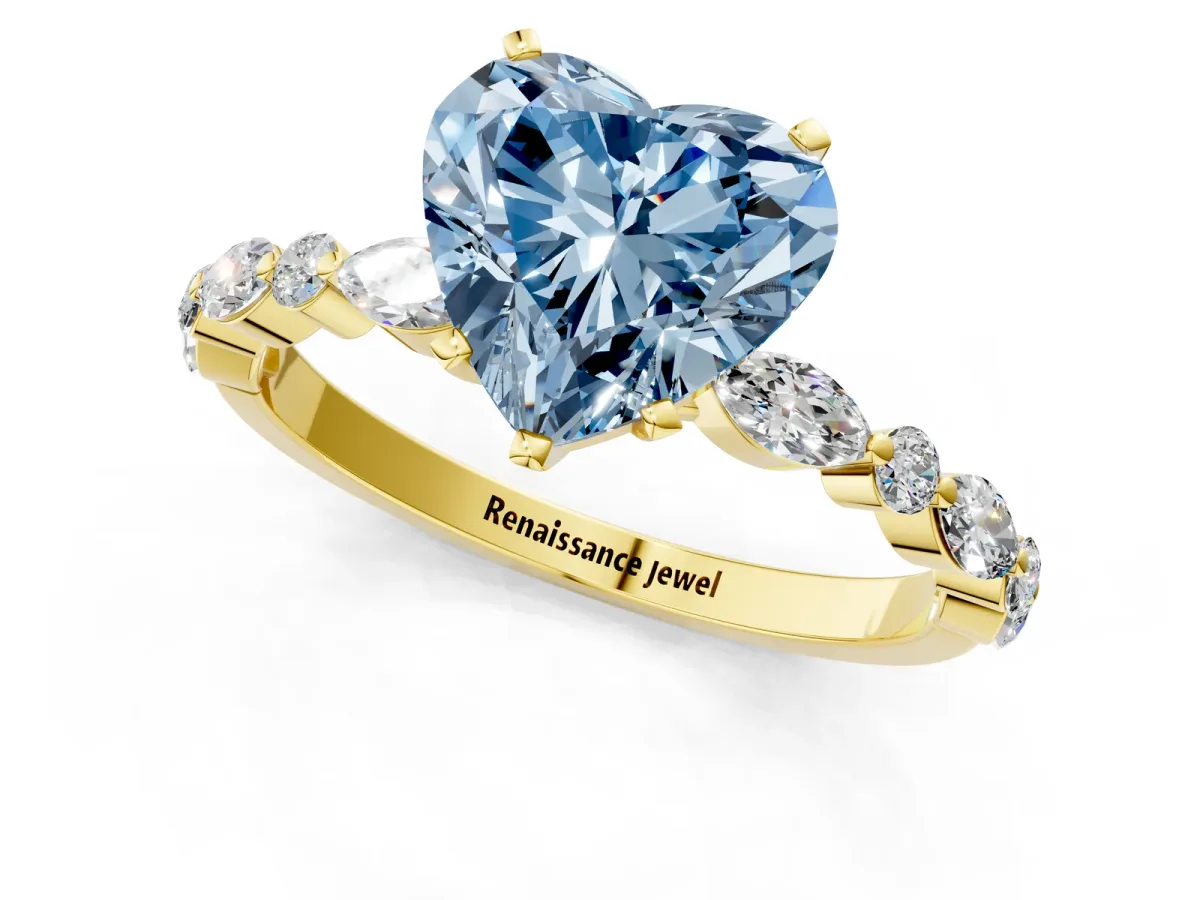 Fancy Blue Heart Cut Diamond Ring with Marquise and Round Side Stones and Four-Prong Setting Yellow gold