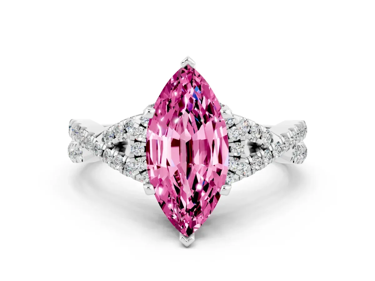 Marquise Cut Pink Sapphire Halo Twist Band Solitaire Prong Setting Ring White gold