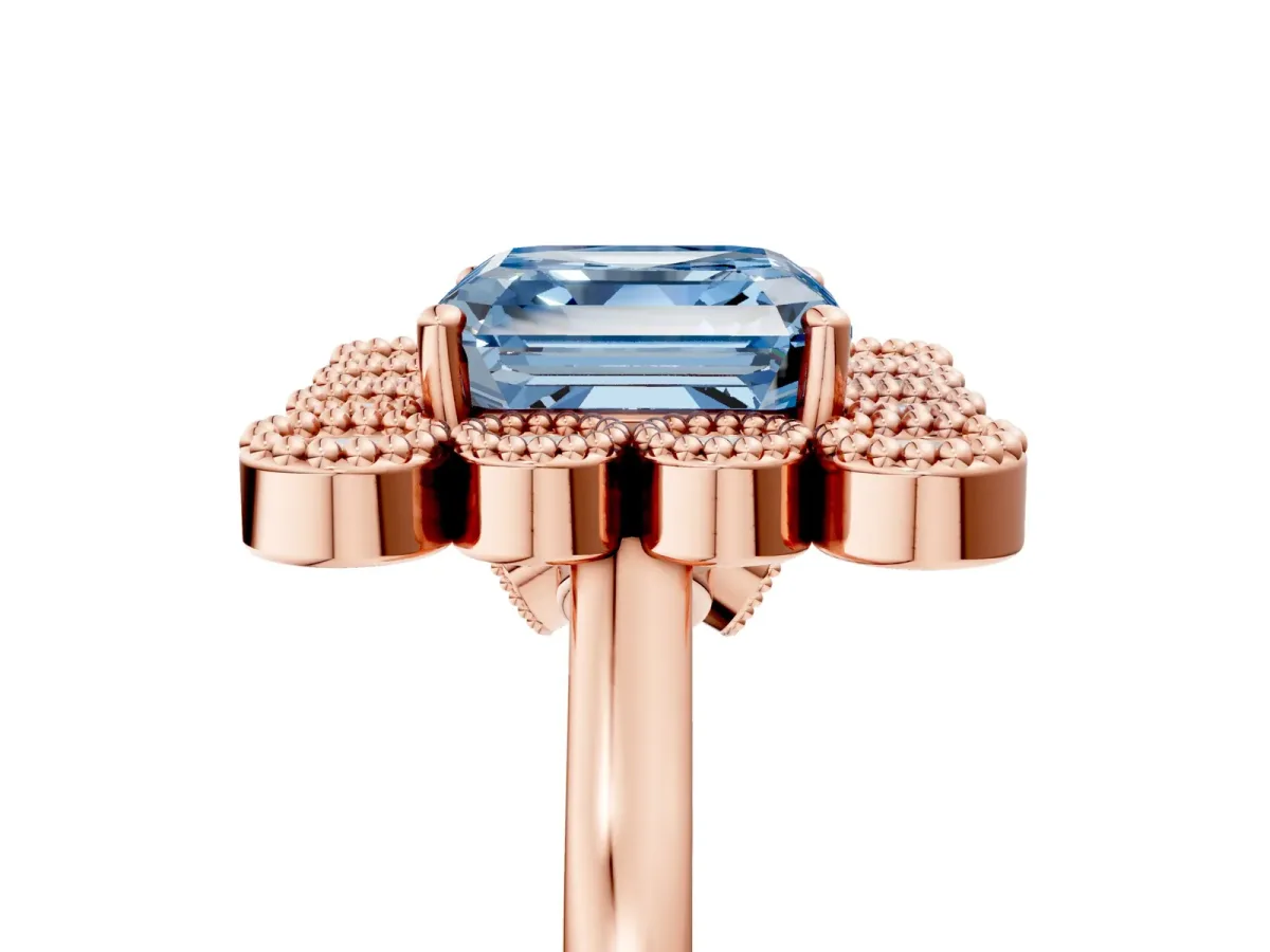 Fancy Blue Asscher Cut Halo Diamond Cluster Engagement Ring with Milgrain Bezel Setting and Solitaire Band Rose gold