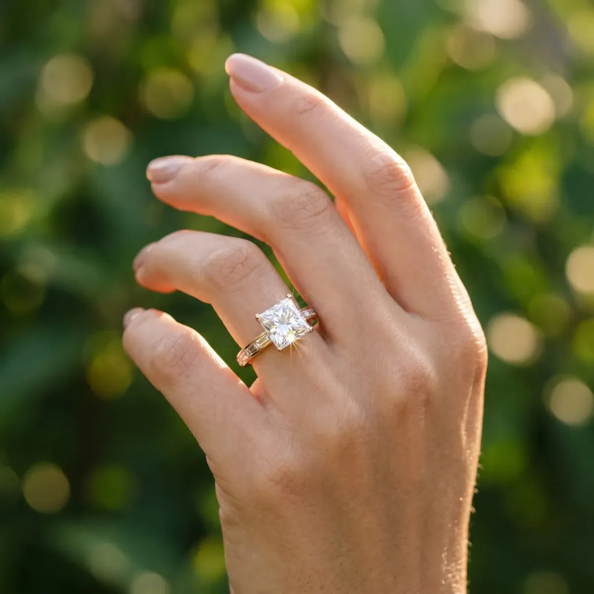 Princess Cut Solitaire Diamond Ring with Channel-Set Baguette Band and Four-Prong Setting Rose gold