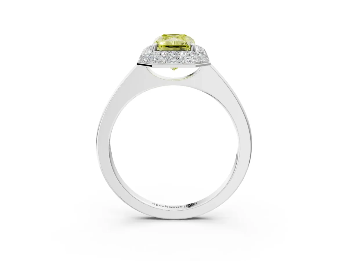 Fancy Yellow Radiant Cut Halo Diamond Engagement Ring with Solitaire Band and Four-Prong Setting Platinum