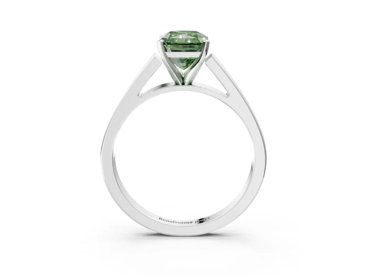 Fancy Green Radiant Cut Solitaire Engagement Ring with Four-Prong Setting and Tapered Band Platinum