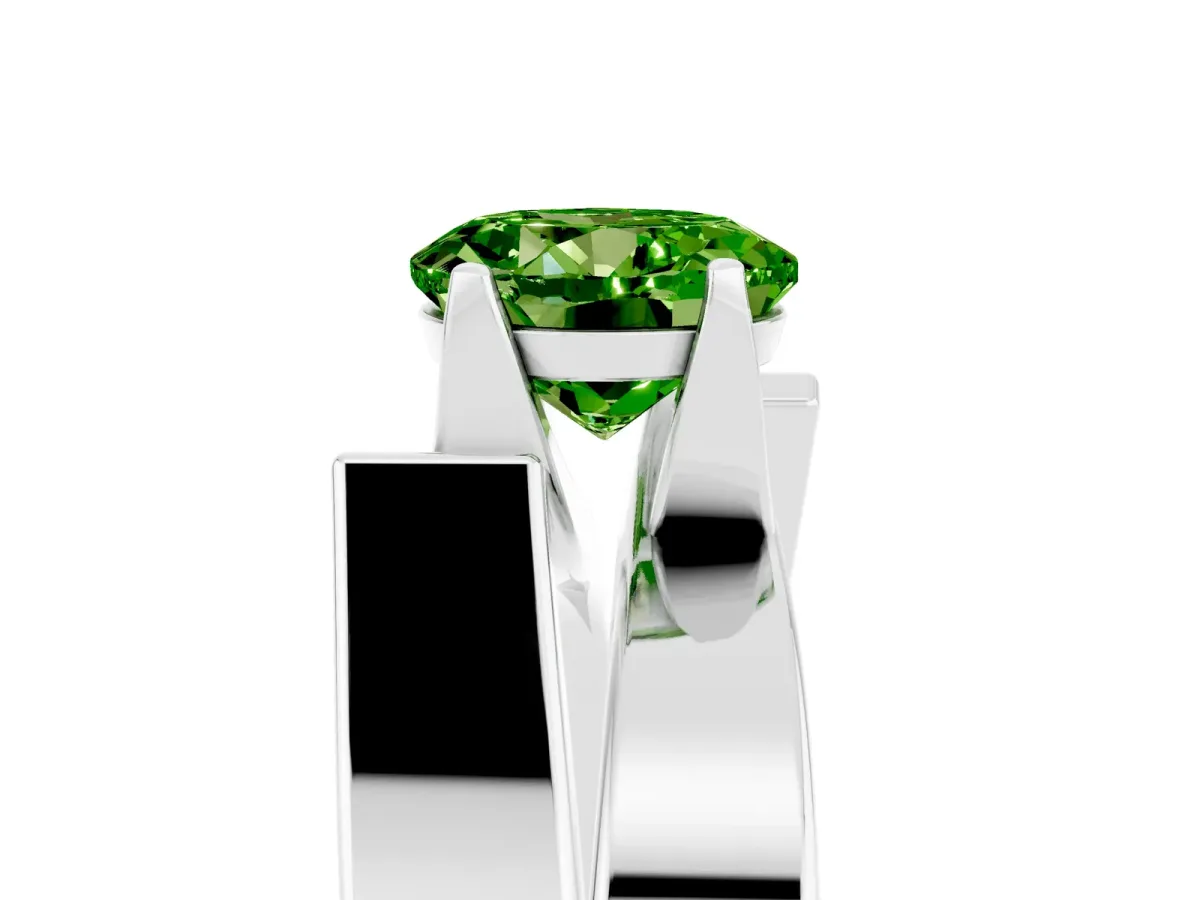 Modern Tension Set Round Cut Peridot Solitaire Wide Band Ring Platinum