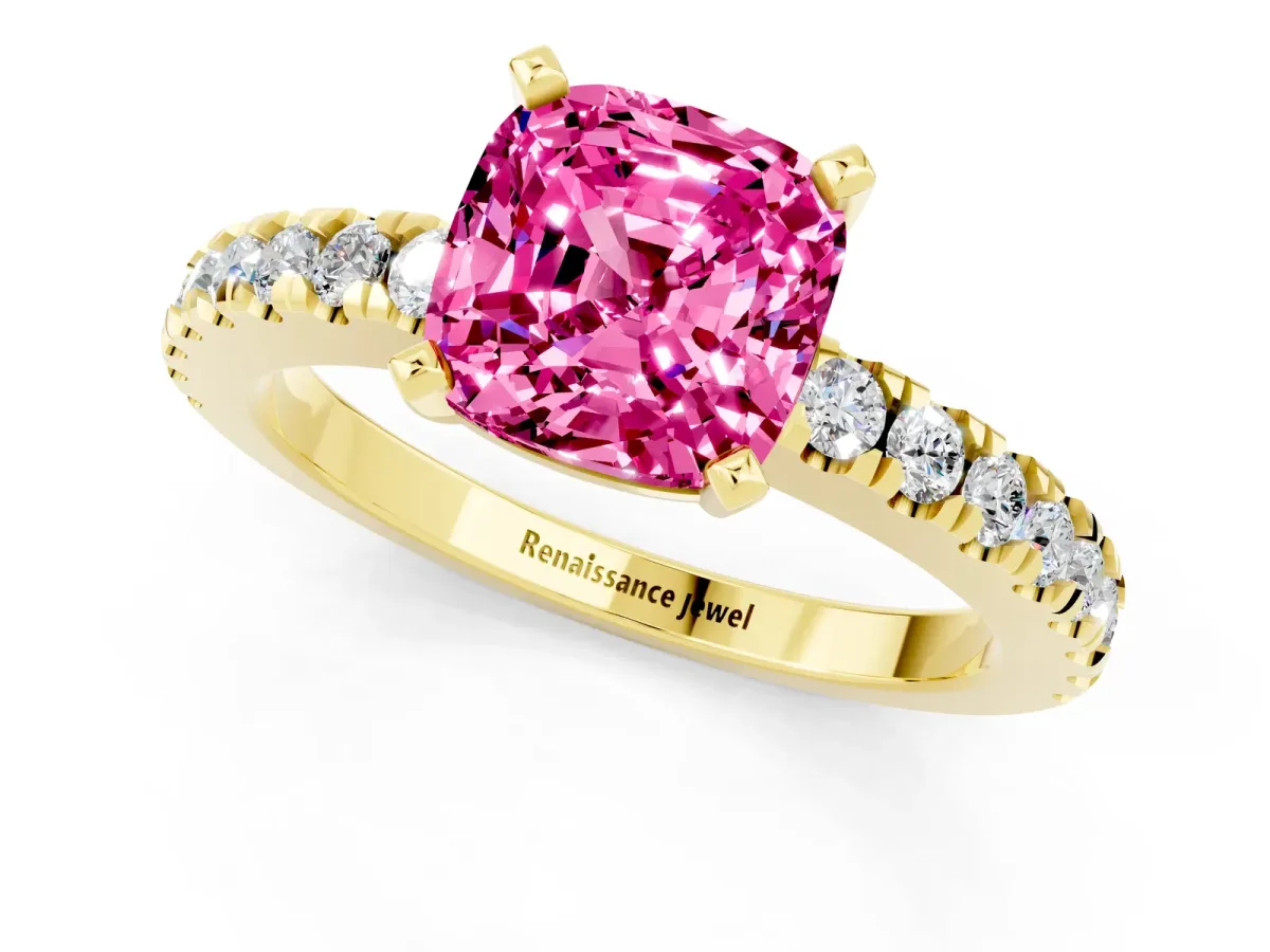 Cushion Cut Solitaire Pink Sapphire with Pavé Band and Four-Prong Setting Yellow gold