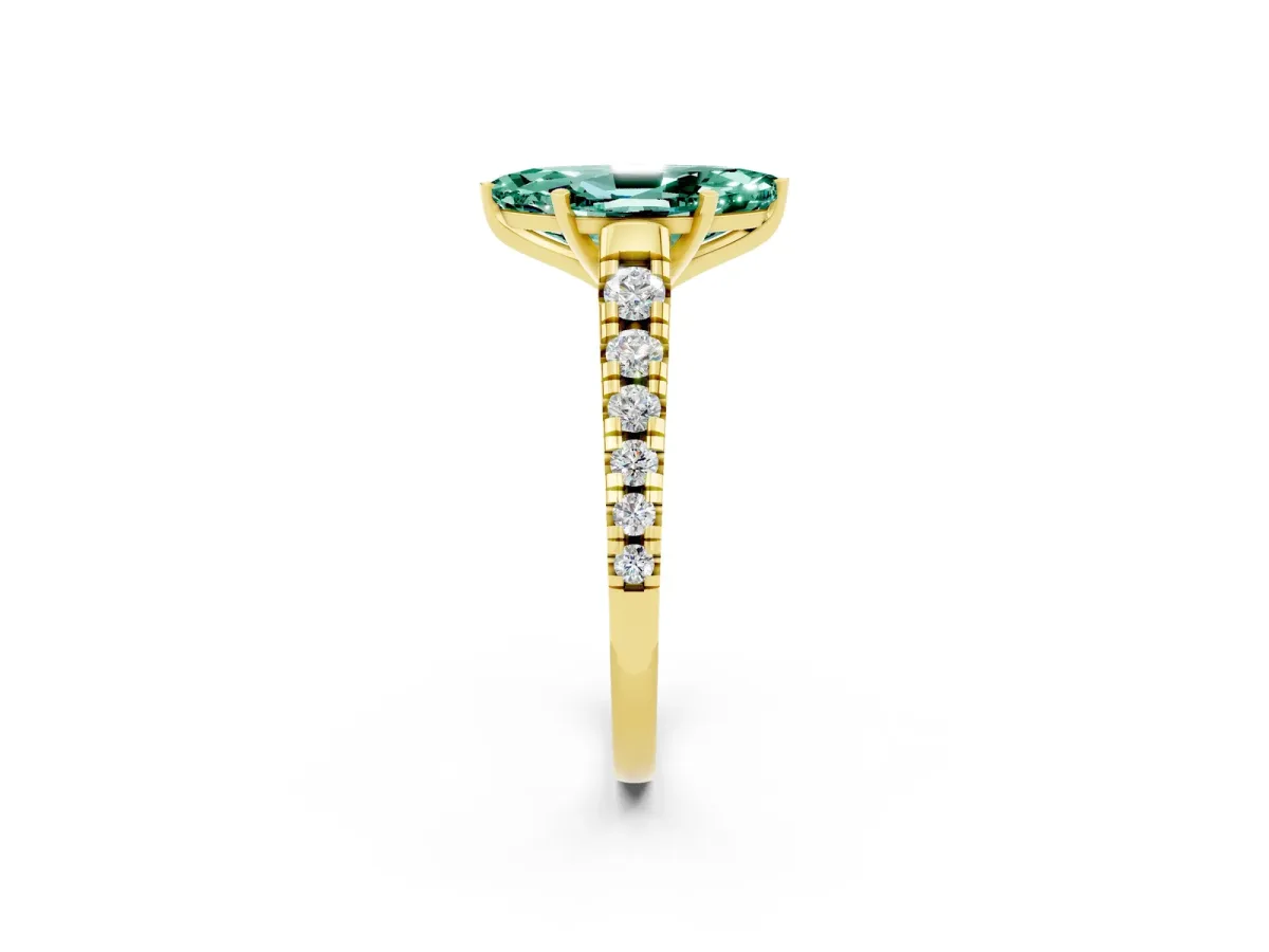 Marquise Cut Green Sapphire Cathedral Solitaire Ring with Round Pavé Band Yellow gold