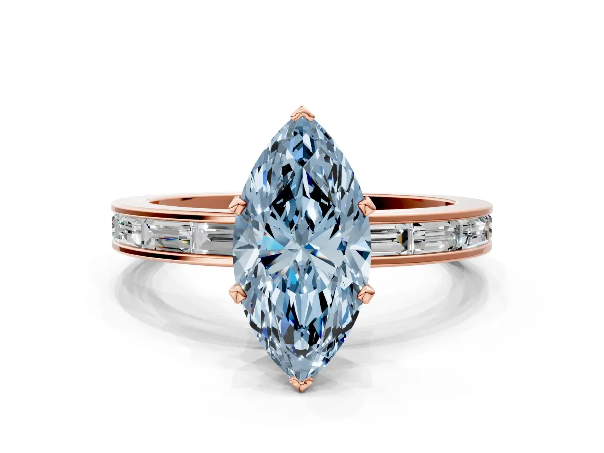 Fancy Blue Marquise Cut Solitaire Diamond Ring with Channel-Set Baguette Band and Four-Prong Setting Rose gold
