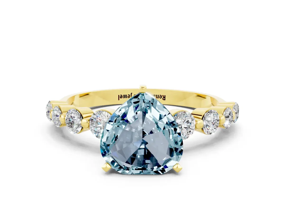Heart Cut Solitaire Aquamarine Ring with Pave Band and Four-Prong Setting Yellow gold