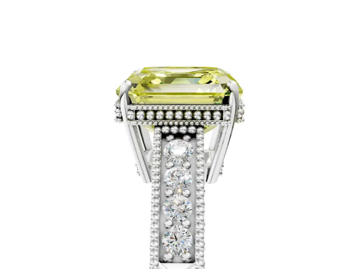 Fancy Yellow Asscher Cut Cut Diamond Milgrain Pave Band Four-Prong Setting Ring Platinum