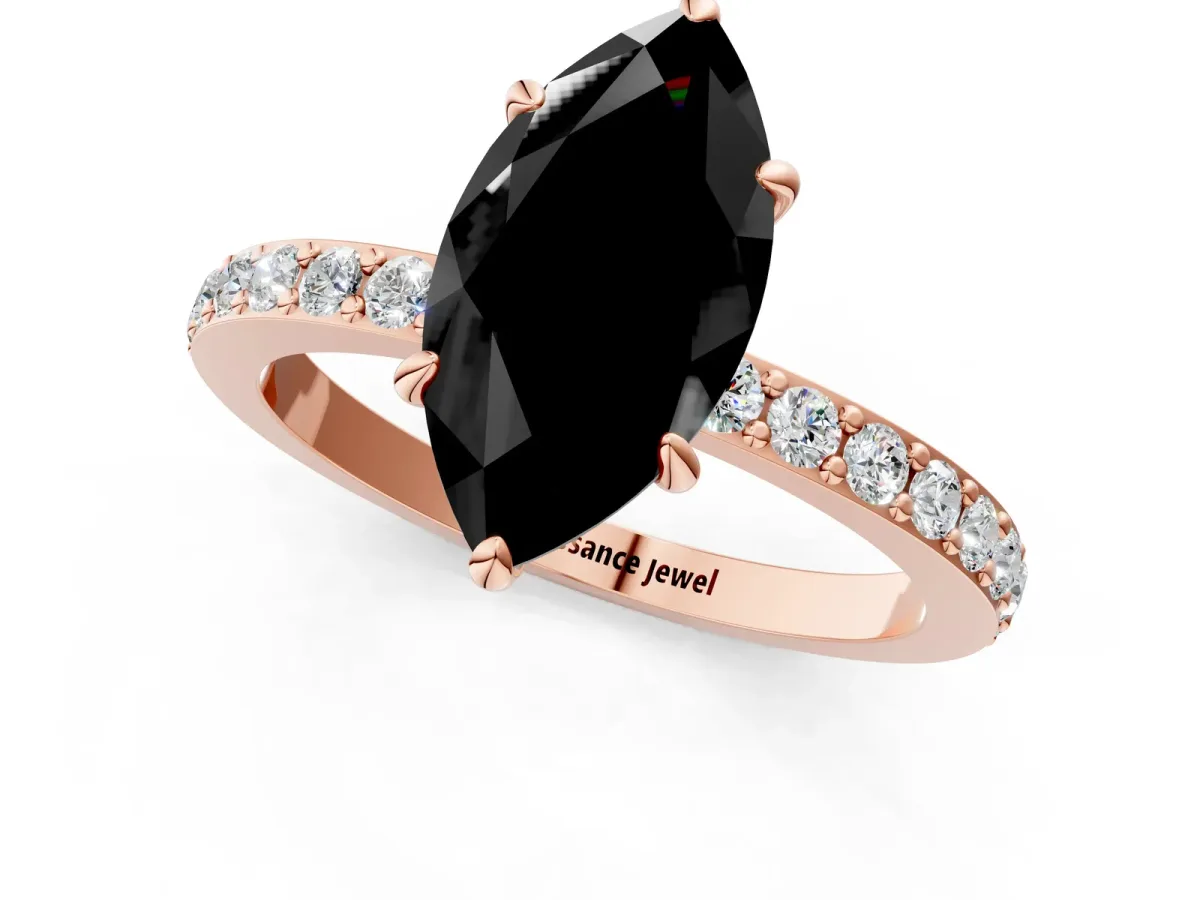 Fancy Black Marquise Cut Diamond Solitaire Engagement Ring with Pavé Band and Four-Prong Setting Rose gold