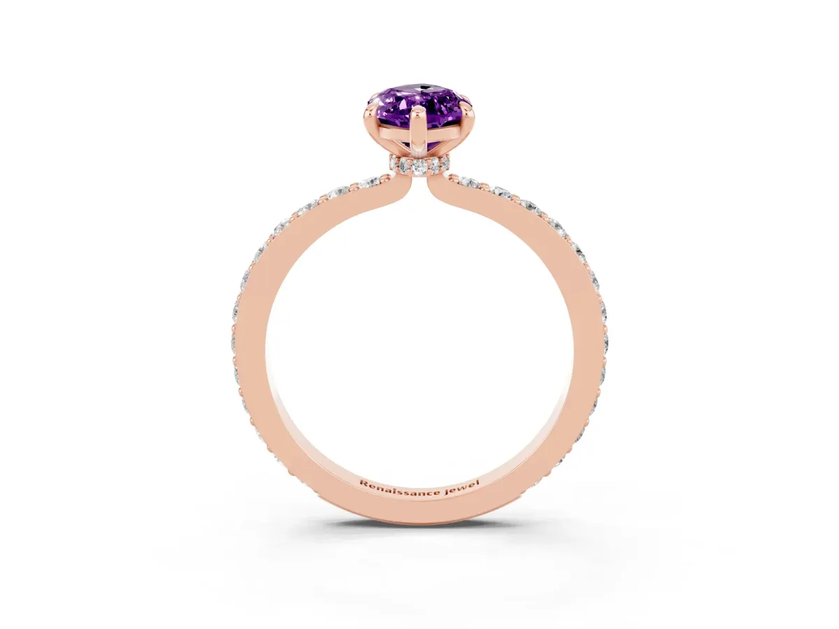 Marquise Cut Amethyst Solitaire Engagement Ring with Pavé Band and Four-Prong Setting Rose gold