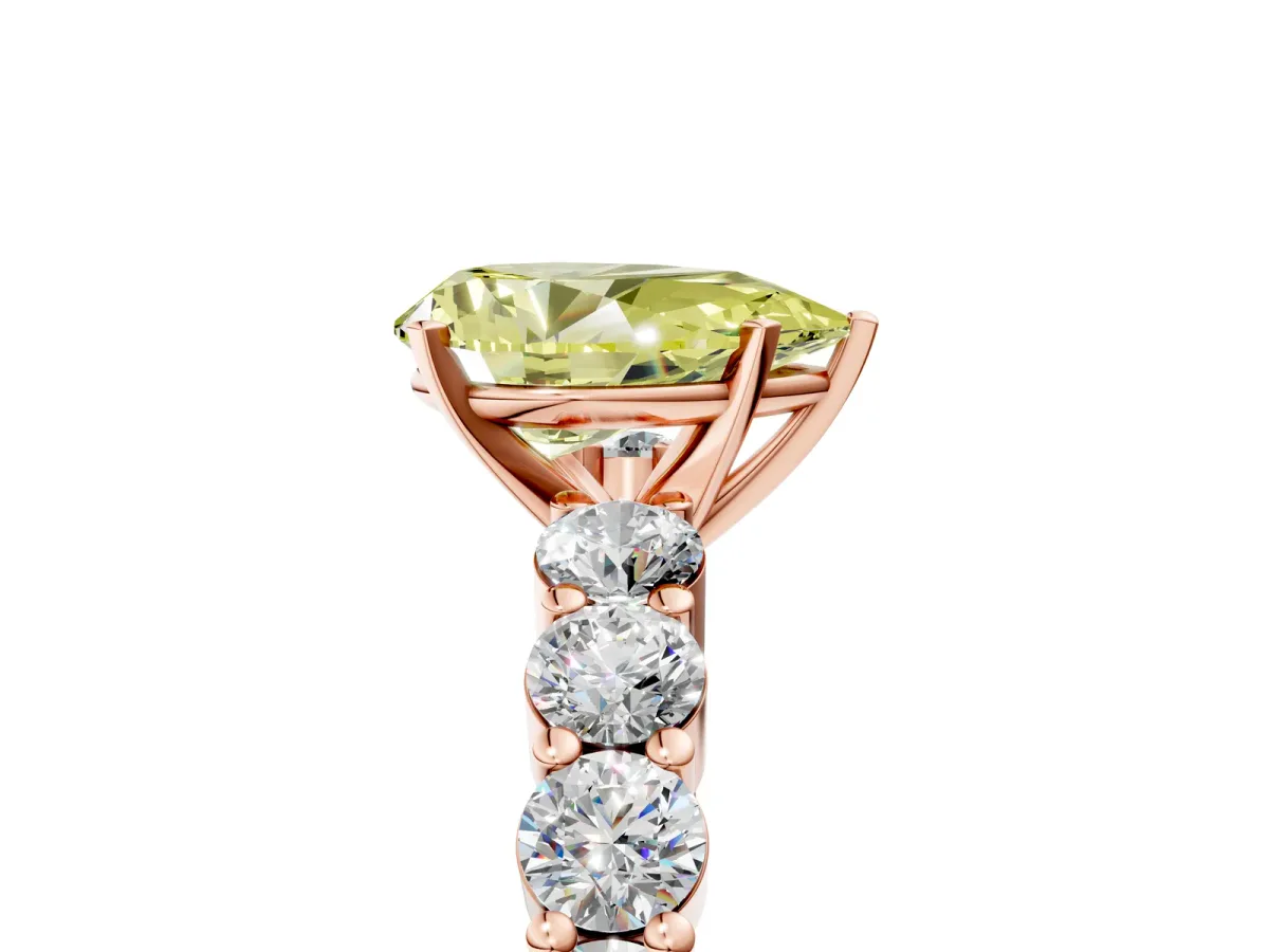 Fancy Yellow Pear Cut Diamond Solitaire Ring with Shared Prong Round Side Stones Rose gold