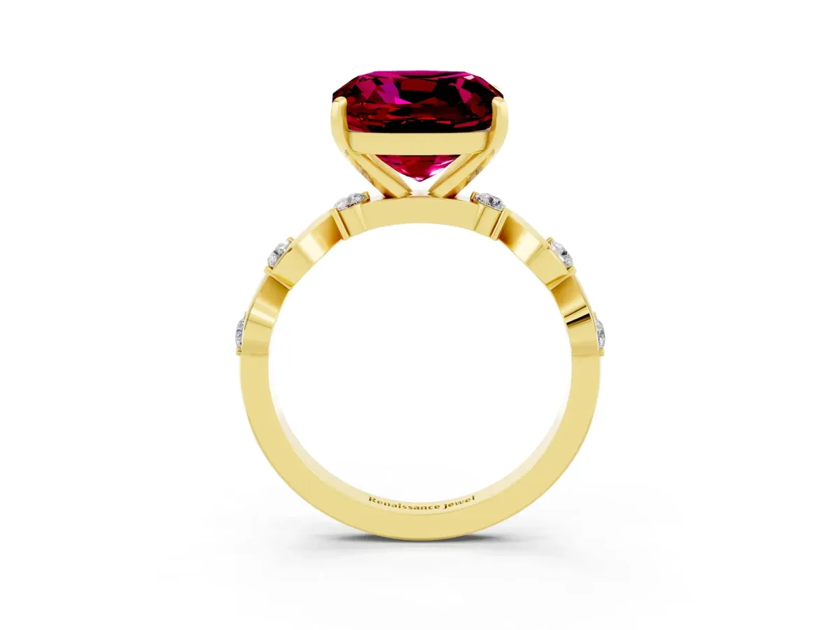 Cushion Cut Garnet Solitaire Twisted Band with Round Accents and Prong Setting Yellow gold