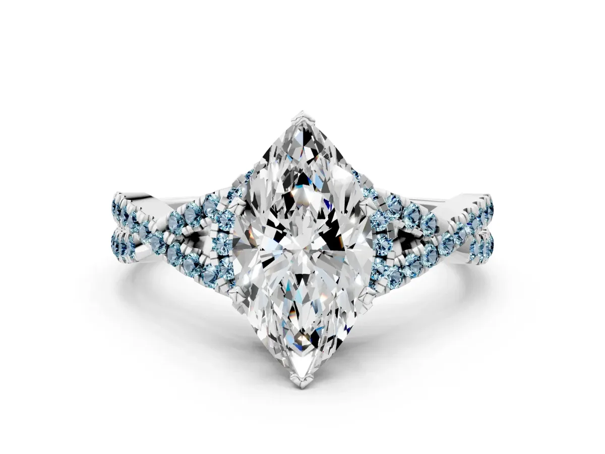 Marquise Cut Diamond Aquamarine Halo Twist Band Solitaire Prong Setting Ring White gold