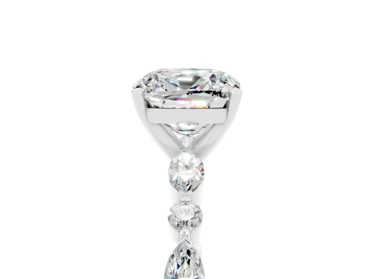 Cushion Cut Moissanite Ring with Marquise and Round Side Stones and Four-Prong Setting White gold