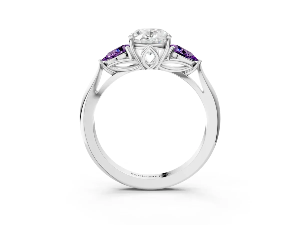 Oval Cut Diamond Three-Stone Ring with Pear Amethyst Side Stones and Prong Setting Silver