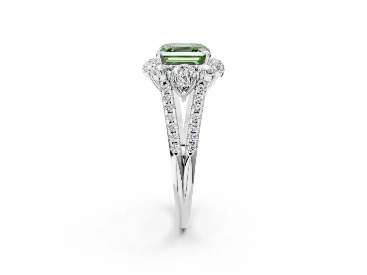 Fancy Green Asscher Cut Halo Split Shank Diamond Engagement Ring with Prong Setting Platinum