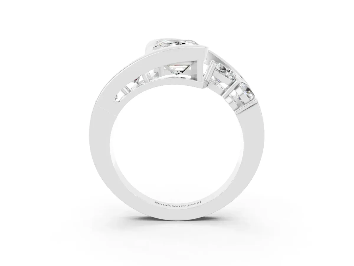 Bezel Set Emerald Cut Moissanite Bypass Ring with Round Accents Platinum